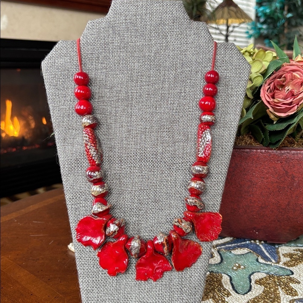 Vintage Red & Silver Tone Beaded Long Necklace Leather Cord Abstract Ceramic - Picture 9 of 15